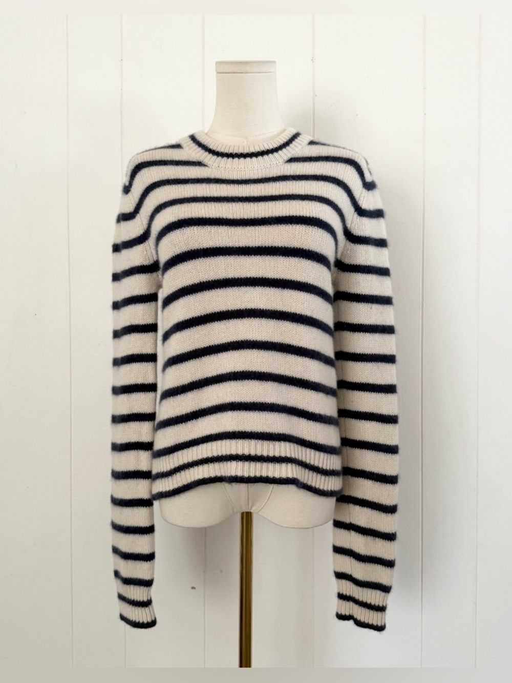 La Ligne Hardy Striped 100% Cashmere Pullover Sweater Medium Blue Cream Knit - Picture 6 of 13